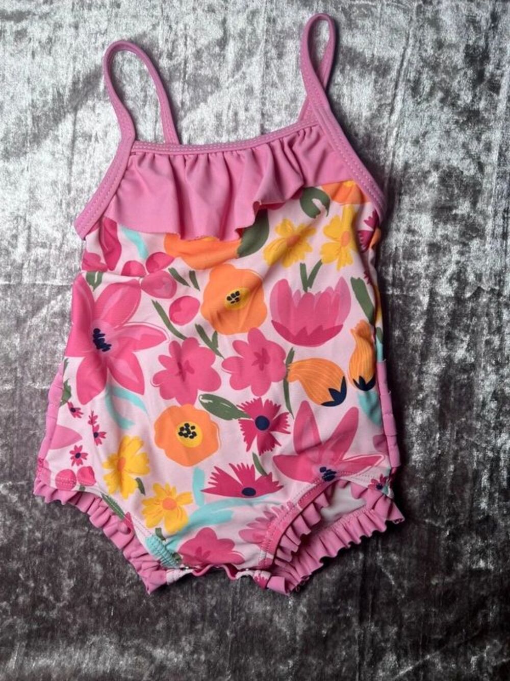 HTB Baby Girl 3-6M One Piece Swimsuit Pink Floral Ruffle Snap Bottom